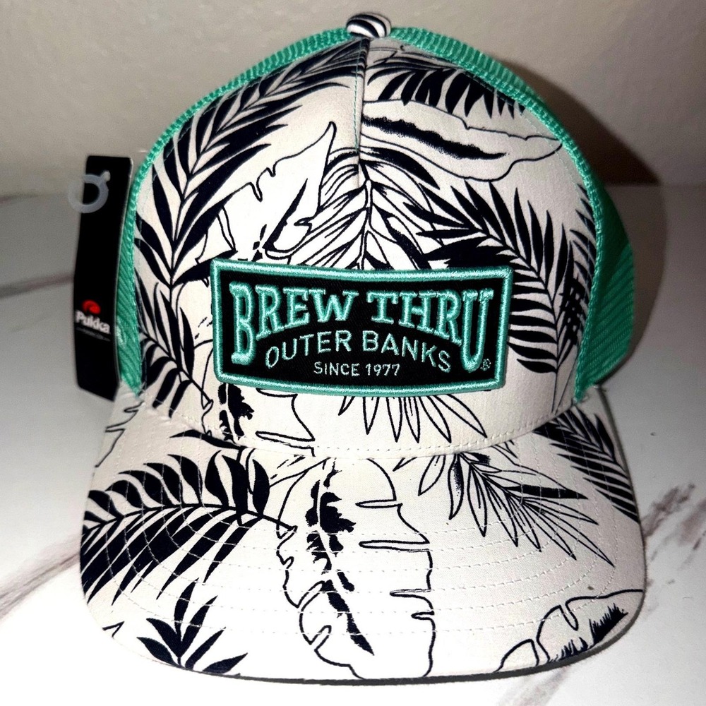 Pukka Brew Thru Outer Banks Trucker Hat Seafoam Green Tropical Palm Leaf 2501